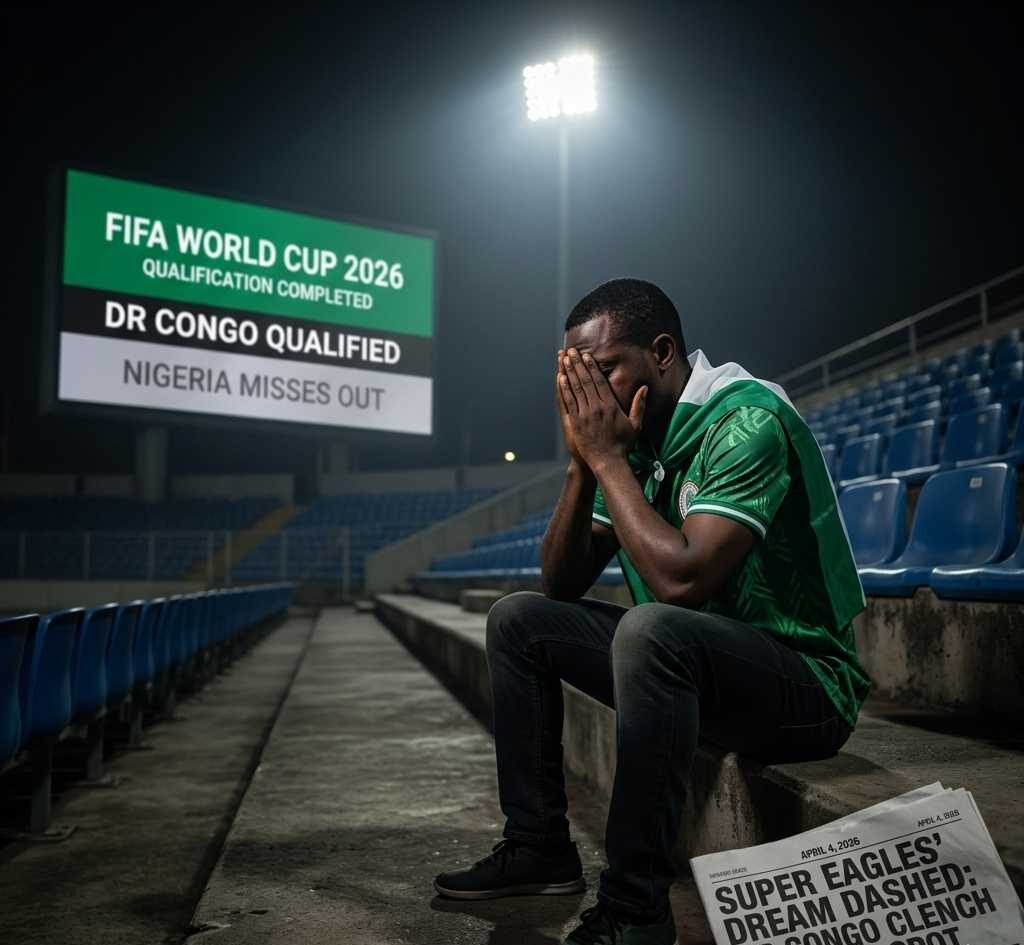 a despondent Nigerian football supporter in a green jersey, sitting alone in a darkened stadium with his head in his hands. In the background, a large digital scoreboard displays "FIFA WORLD CUP 2026 QUALIFICATION COMPLETED: DR CONGO QUALIFIED - NIGERIA MISSES OUT." A newspaper on the concrete floor carries the headline "SUPER EAGLES' DREAM DASHED.