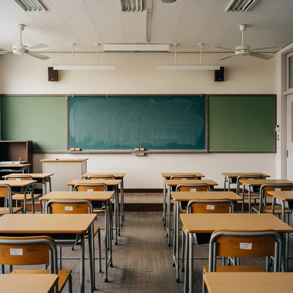Empty classroom with desks and dusty chalkboard