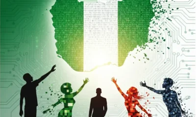Digital map of Nigeria with pixelated figures reaching towards it, against green & white circuit bac