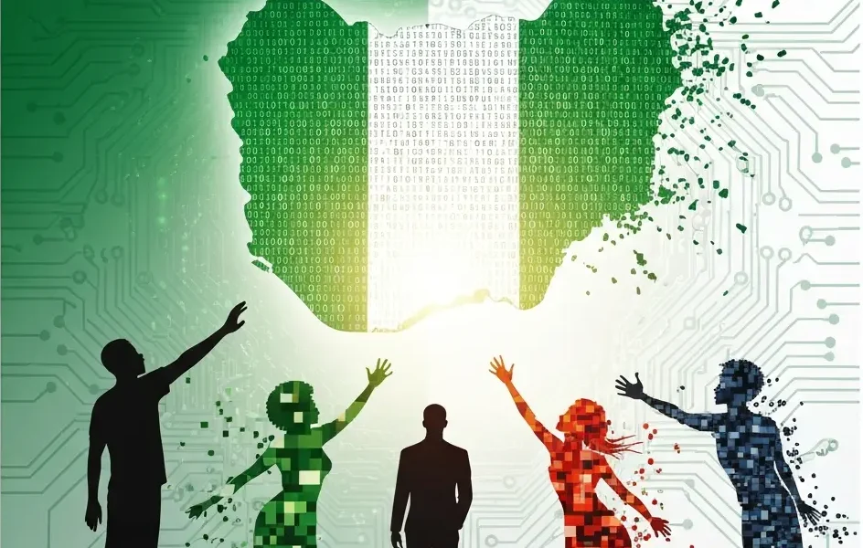 Digital map of Nigeria with pixelated figures reaching towards it, against green & white circuit bac