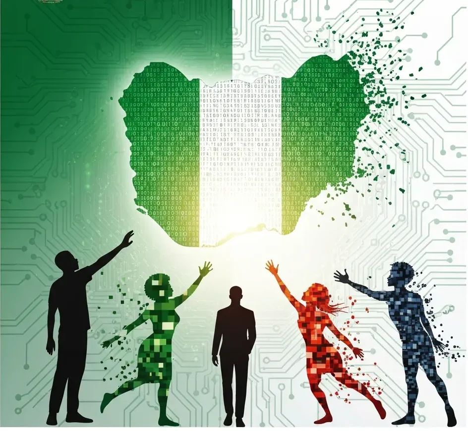 Digital map of Nigeria with pixelated figures reaching towards it, against green & white circuit bac