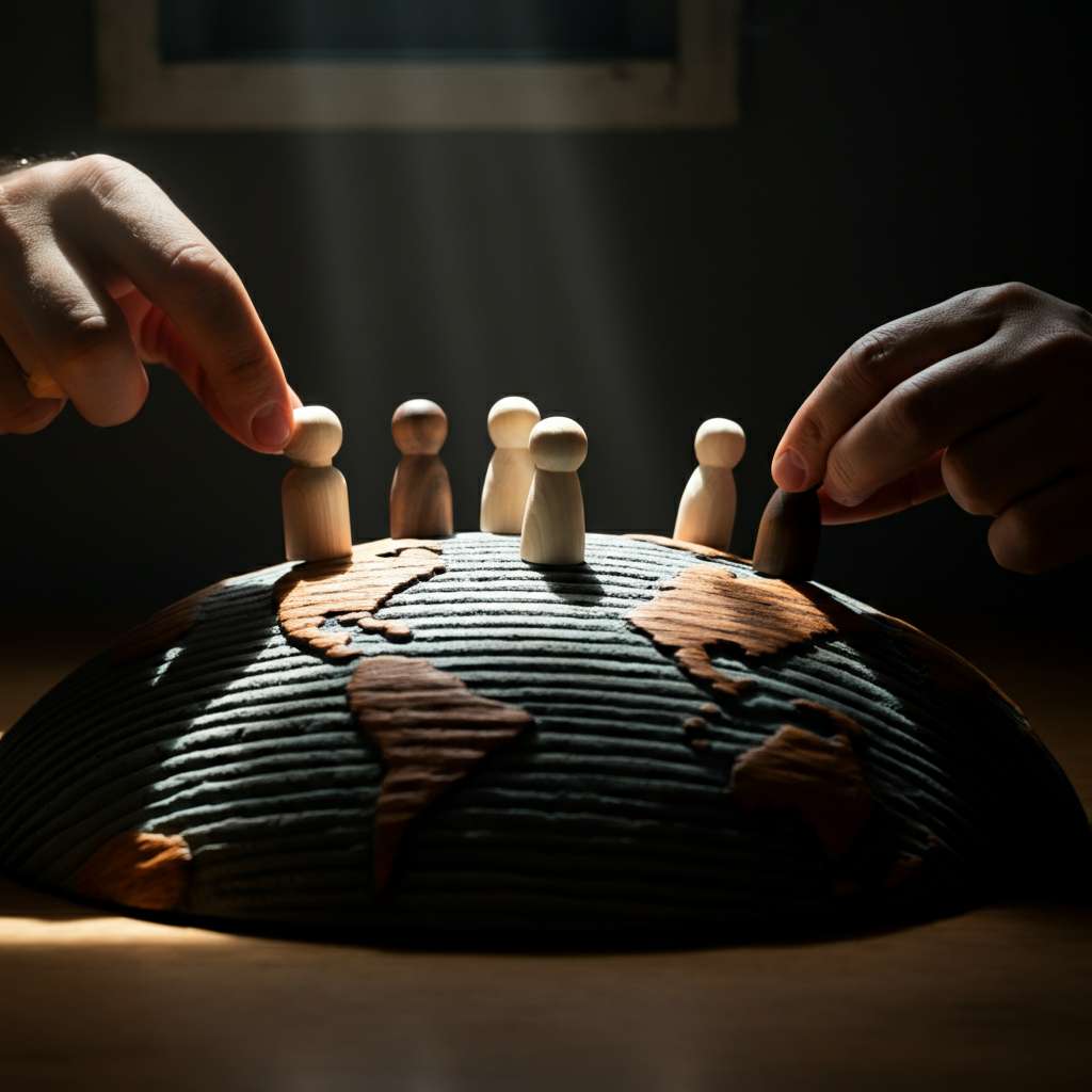 A world globe with wooden people and hands.