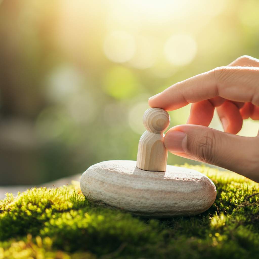 A wooden figure placed on a rock