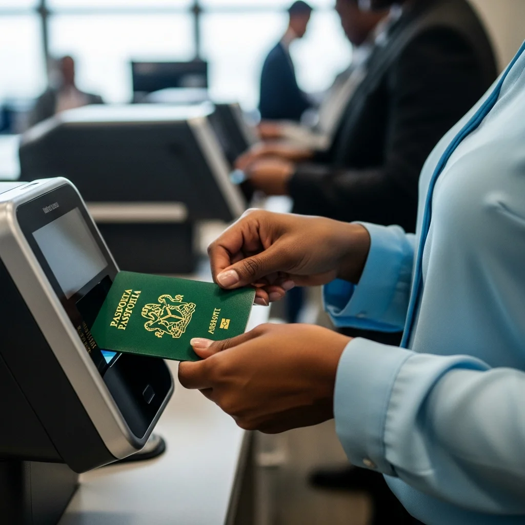 Hands scan Nigerian passport.