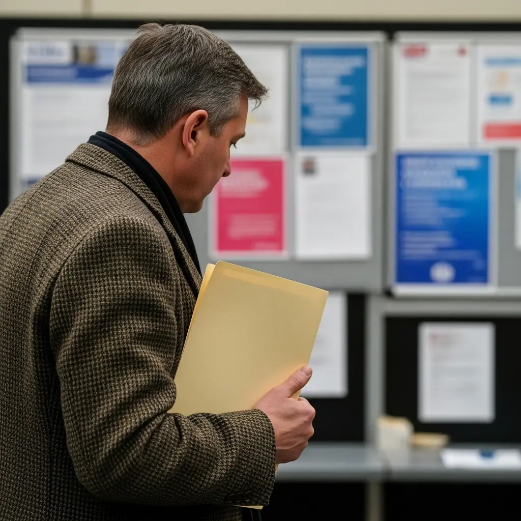 Man in tweed jacket waits in line at consulate.