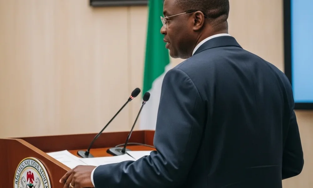 Man at podium in Abuja, coat of arms blurred.