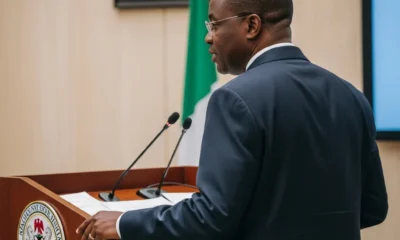 Man at podium in Abuja, coat of arms blurred.