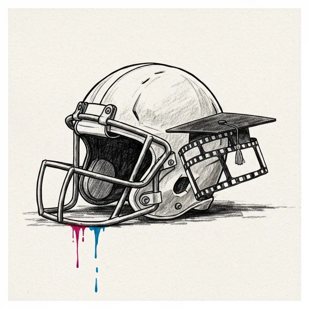 Helmet turns into film reel.