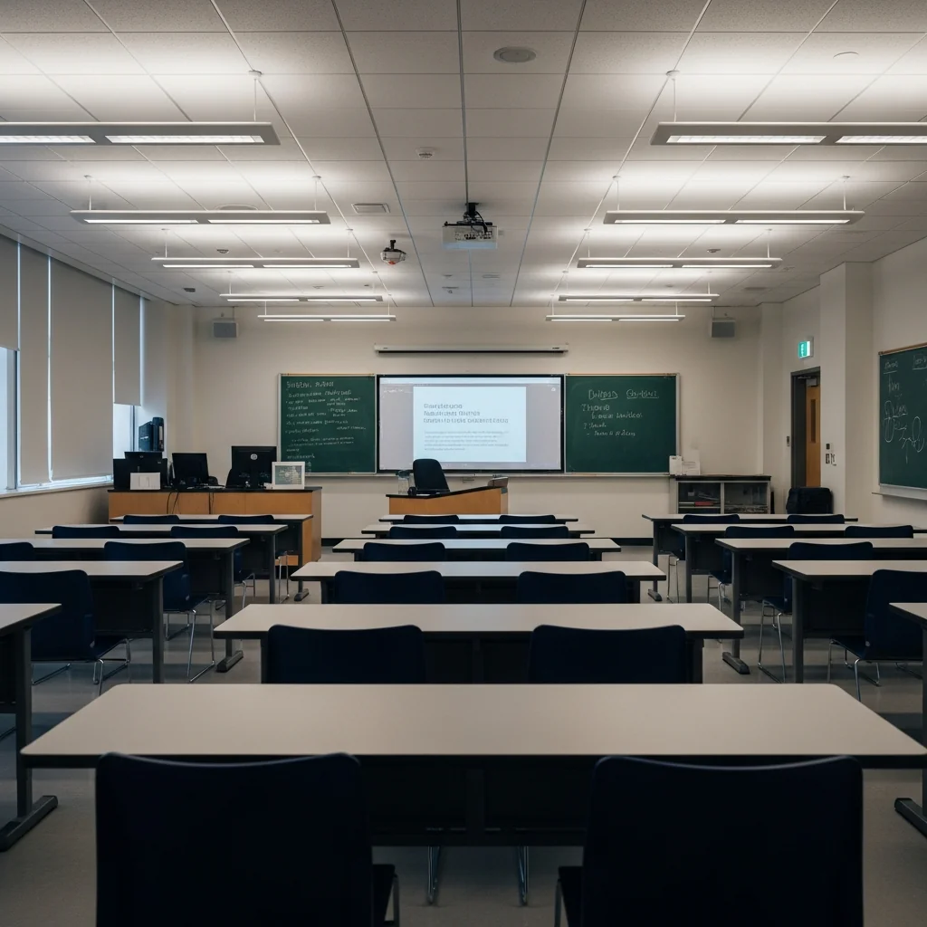 Empty classroom with rows of desks and chairs