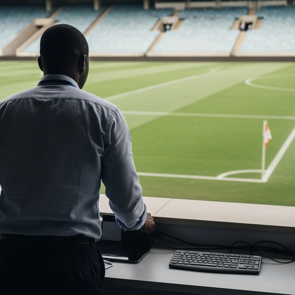 Man overlooks empty pitch from stadium press box.