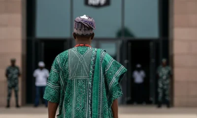 Man in Yoruba dress walks toward building.