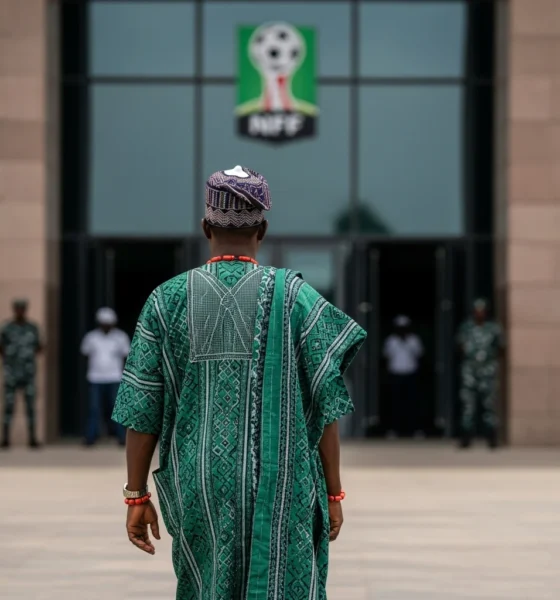Man in Yoruba dress walks toward building.
