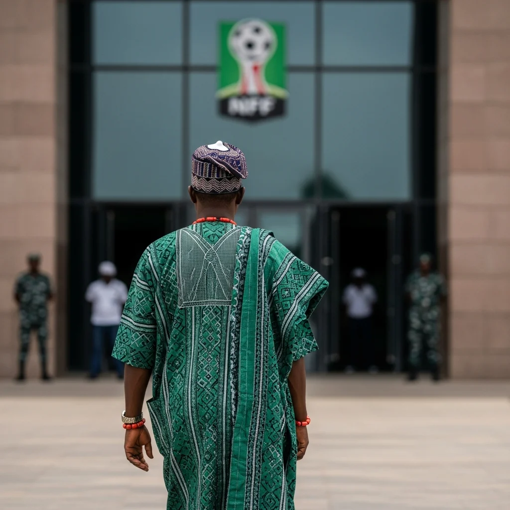 Man in Yoruba dress walks toward building.