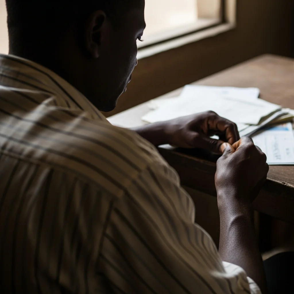 Hand counts naira notes on table.