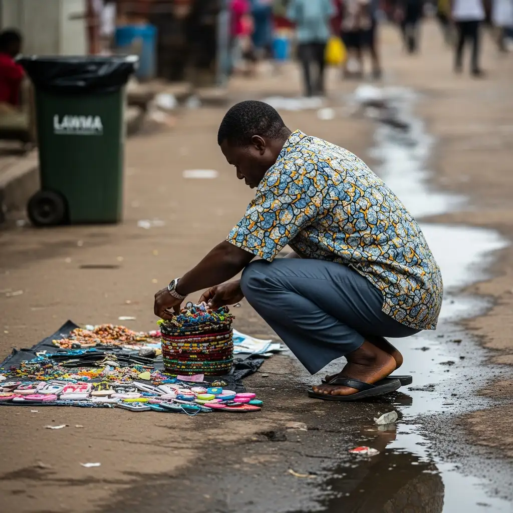 Cracked asphalt road with puddle and waste bin.