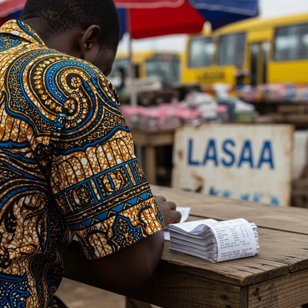Trader with receipts at Lagos market.