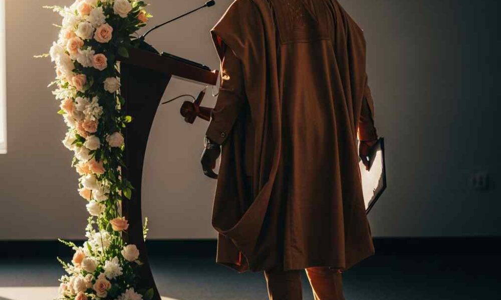 Official in agbada at a podium with microphone