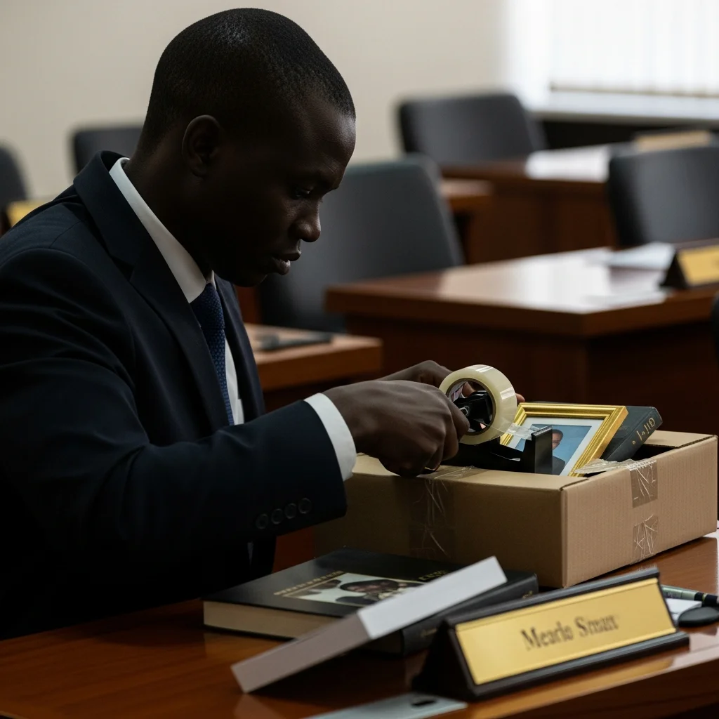 Man tapes box in office; overturned nameplate on desk.