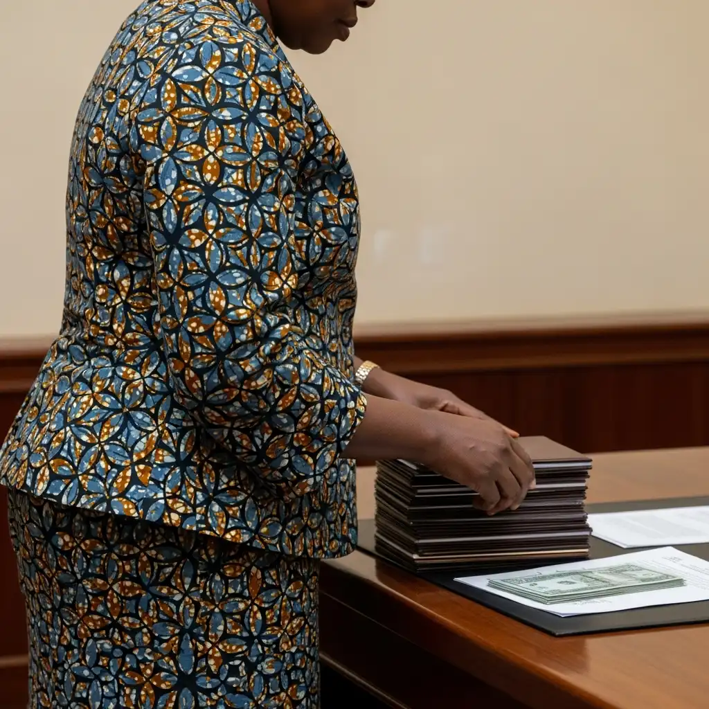 Woman at desk, back to camera, arranging files.