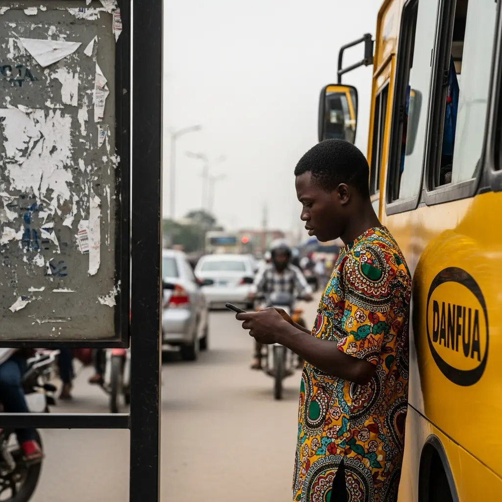 Man with phone at bus stop in Abuja