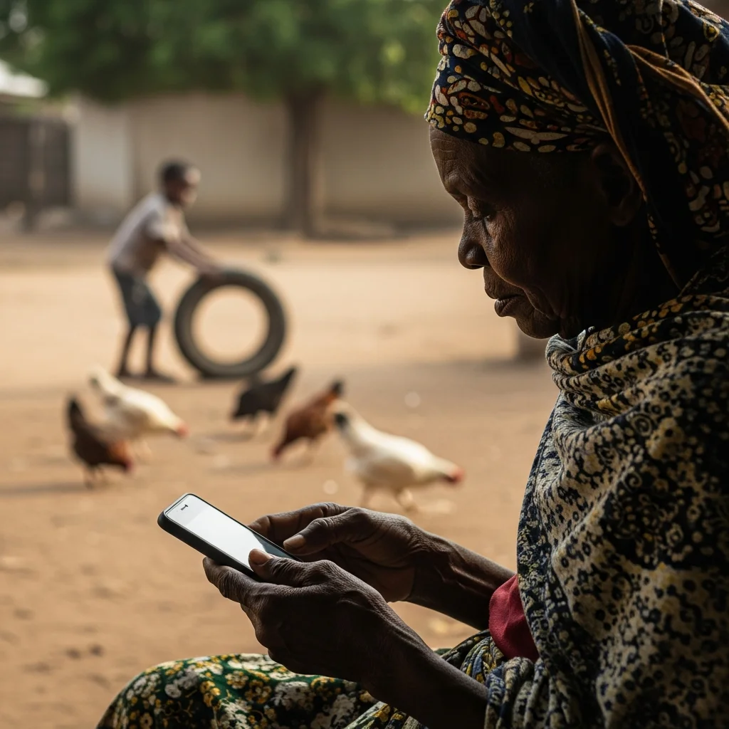 Elderly woman uses Opay app on phone.