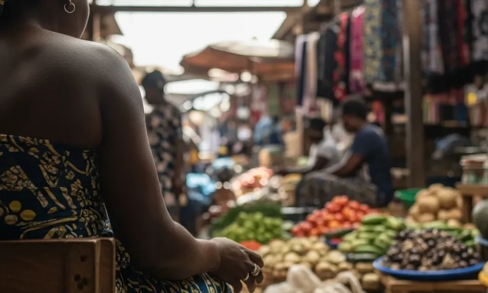 Woman using Opay app in Lagos market.