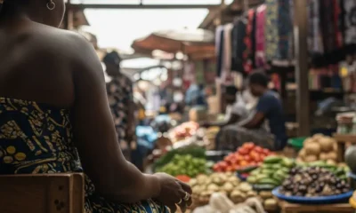 Woman using Opay app in Lagos market.