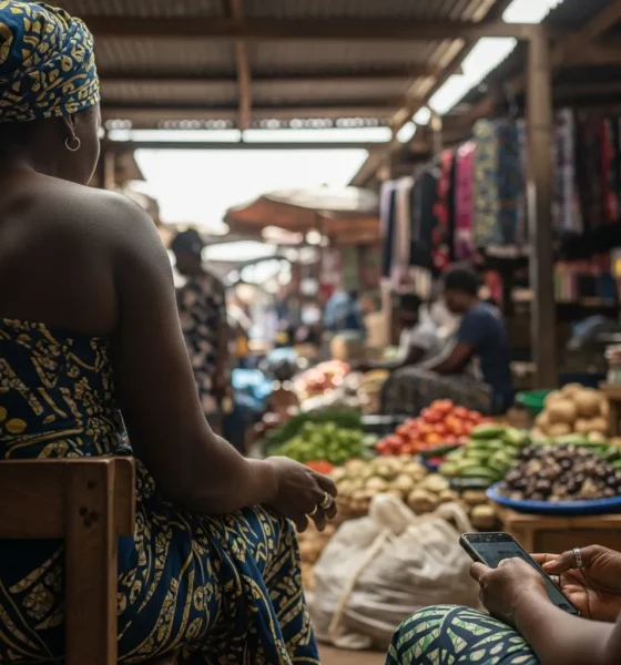 Woman using Opay app in Lagos market.