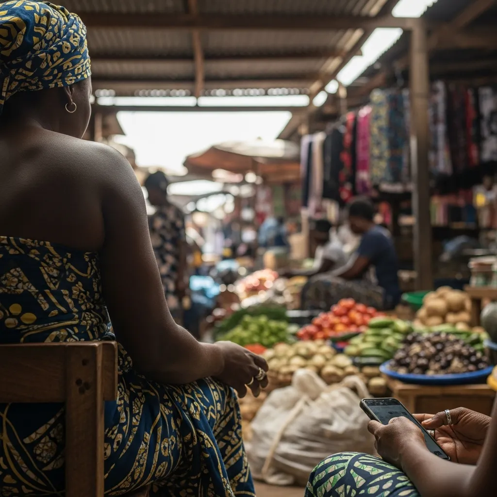 Woman using Opay app in Lagos market.