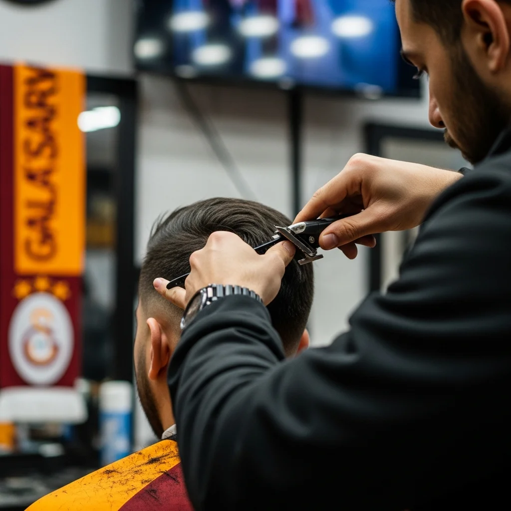 Barber cuts hair of fan in Galatasaray jersey.