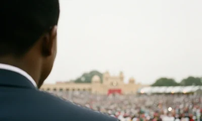 Crowd watches performers in vibrant regalia at the Owo Igogo Festival in the Owo Palace grounds