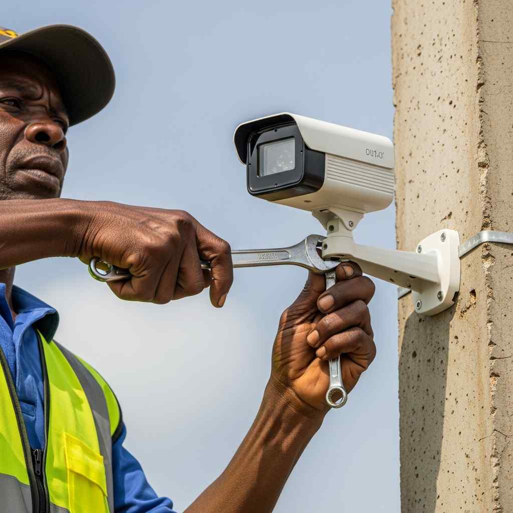 Close-up installing a white security camera on a concrete pole sunny outdoor setting