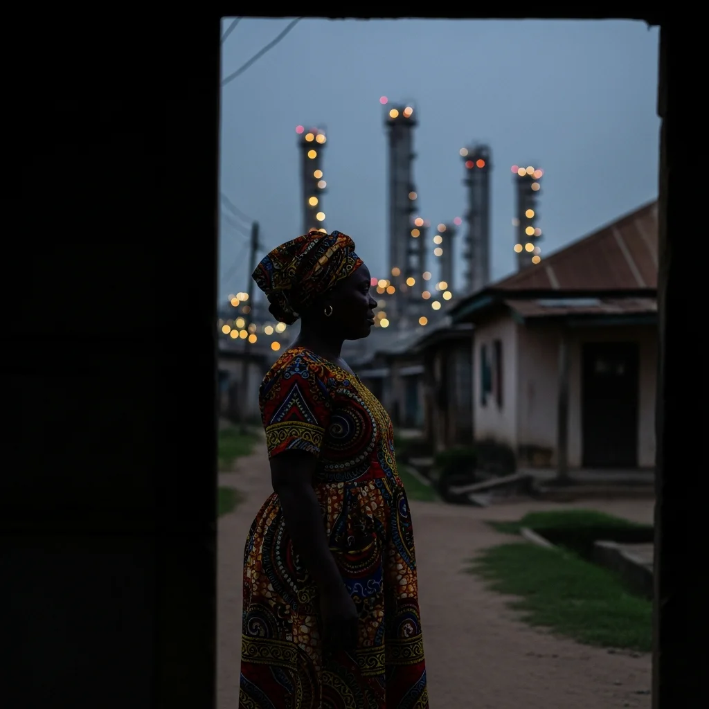 Woman in Ankara dress watches flickering refinery lights.