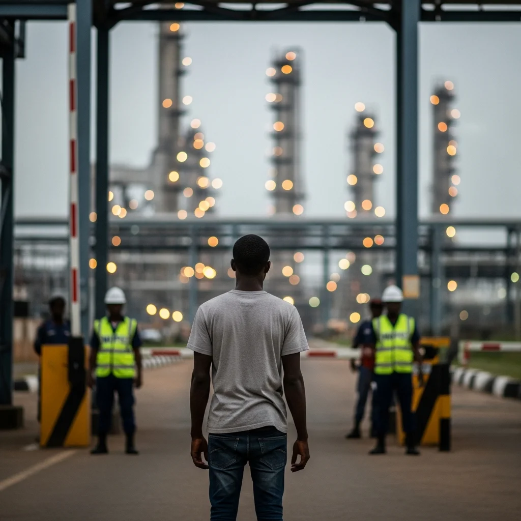 Man watches refinery lights at dusk.