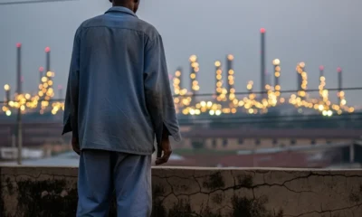 Man watches distant refinery lights in Port Harcourt.