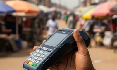 A hand holds a black mobile payment terminal against a blurred outdoor market background