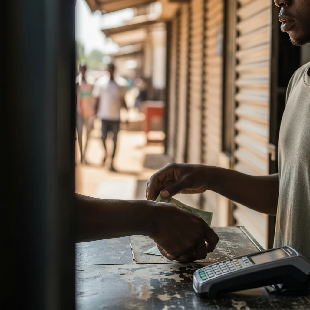 Man's hands exchange naira at POS terminal.