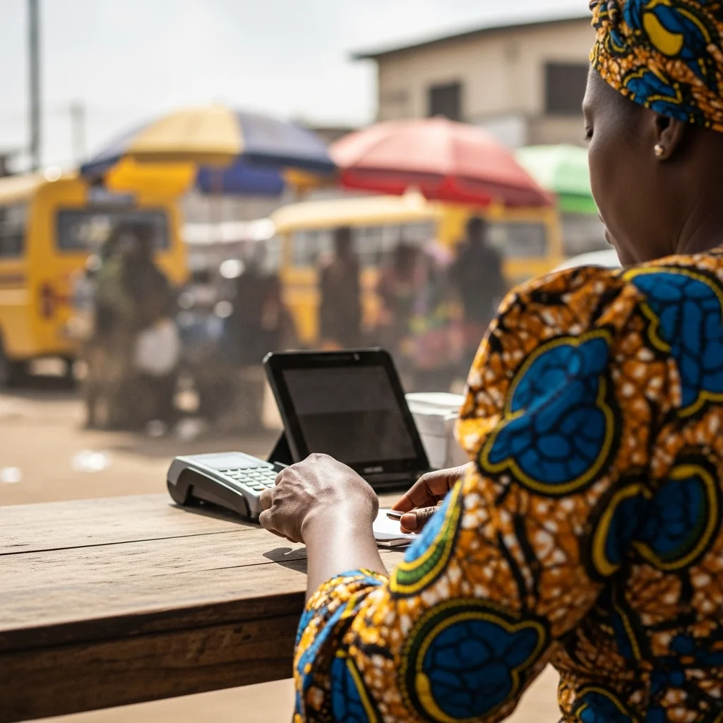 Woman counts naira near POS terminal in Lagos.