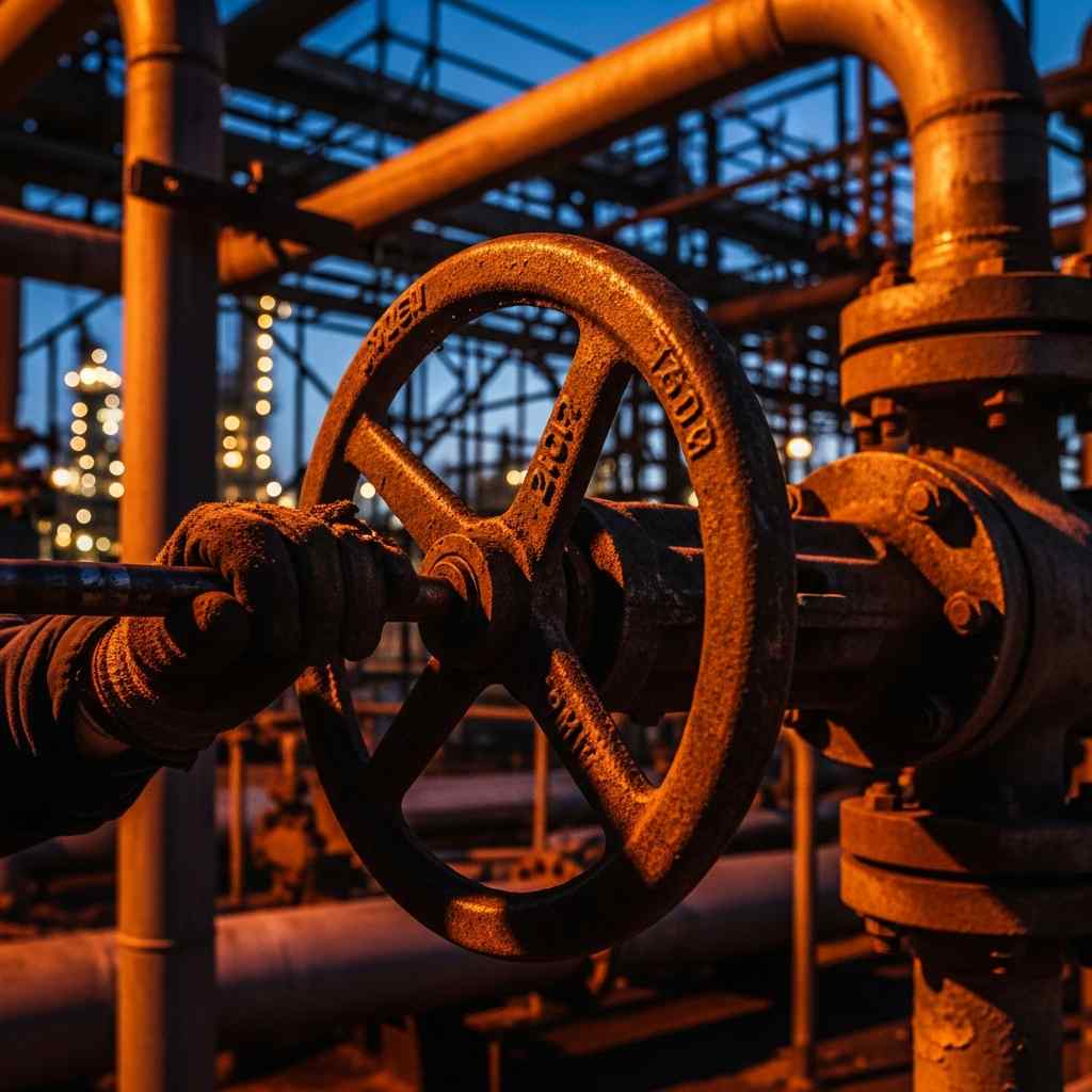A hand turning a rusted metal valve wheel in a dim industrial setting