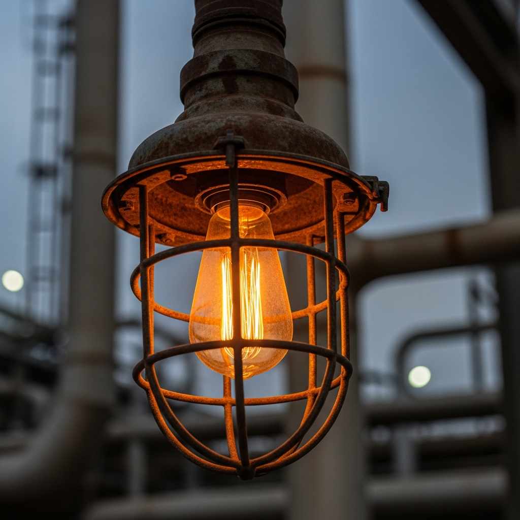 Close-up of a rusted metal cage surrounding a glowing light bulb at an industrial site