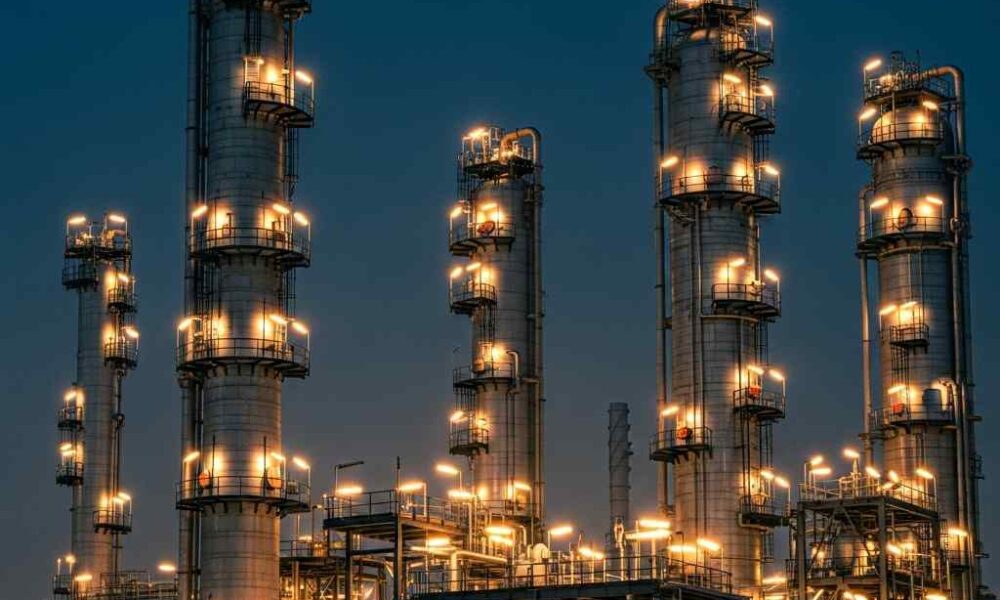 Silhouetted industrial towers of a refinery against a dark blue twilight sky with glowing lights