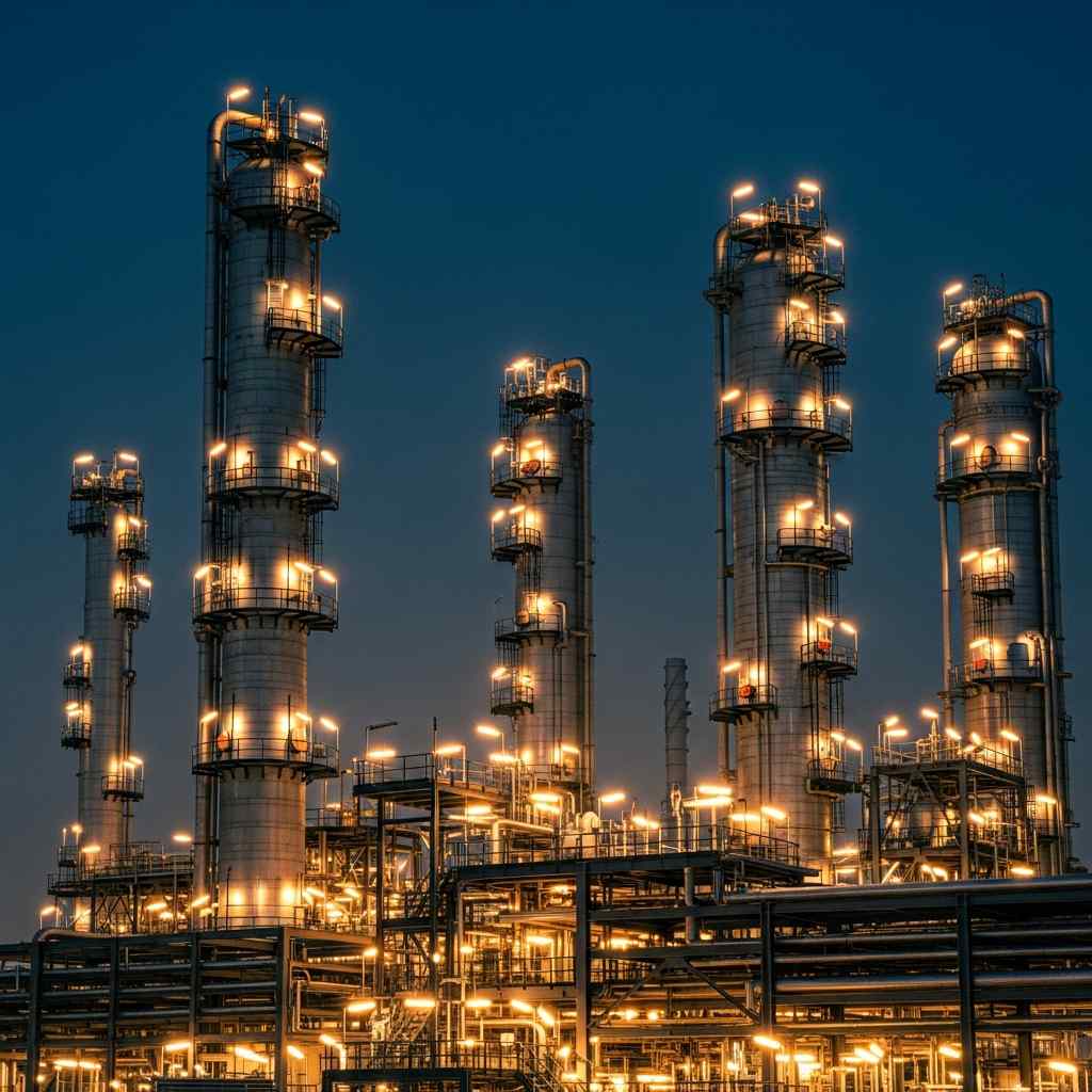 Silhouetted industrial towers of a refinery against a dark blue twilight sky with glowing lights