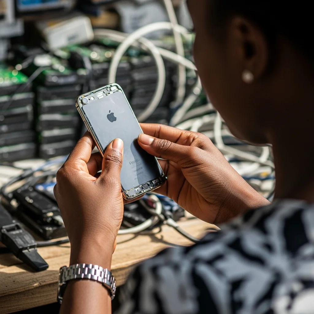 Woman inspects used iPhone.