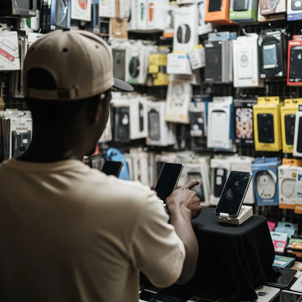Men examine phones at a Computer Village stall.