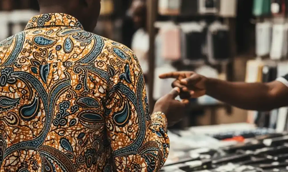 Man in Ankara shirt haggles at a phone stall in Computer Village.