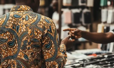 Man in Ankara shirt haggles at a phone stall in Computer Village.