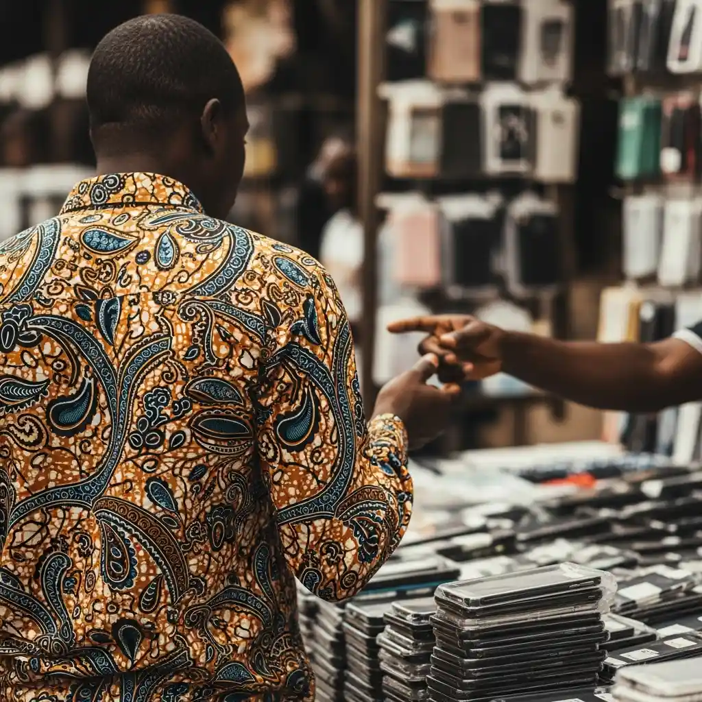 Man in Ankara shirt haggles at a phone stall in Computer Village.