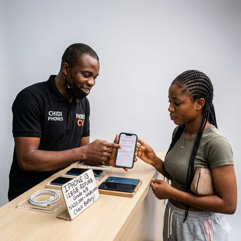 A Nigerian man and woman stand at a wooden counter where the man points to the battery health screen on a blue iPhone 13. A small sign on the desk lists the price for a refurbished 128GB model between N420,000 and N480,000.