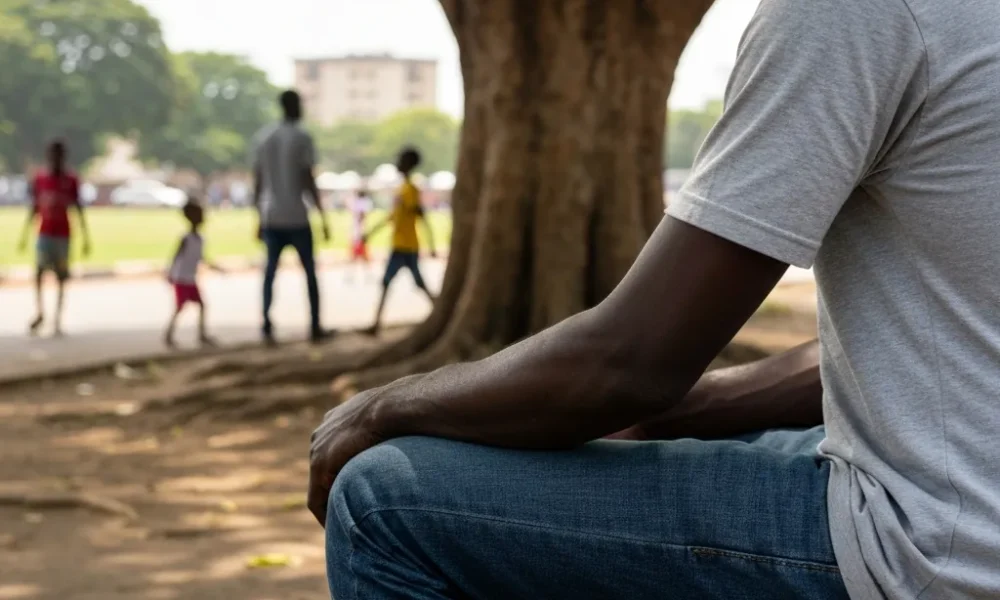 Man sits on bench under tree in park.