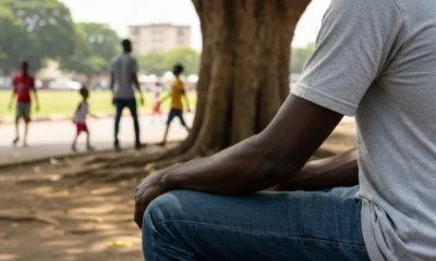 Man sits on bench under tree in park.